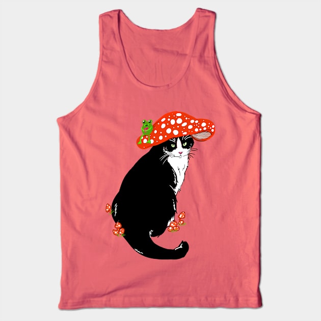 Whimsical Tuxedo Cat Wearing a Mushroom Hat Tank Top by ckrickett